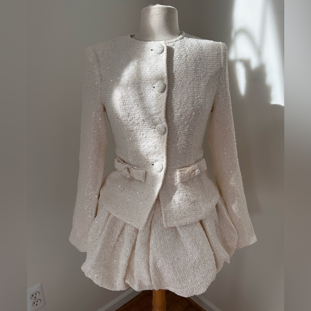 Fashion Nova Cream Textured Blazer/Skirt Set